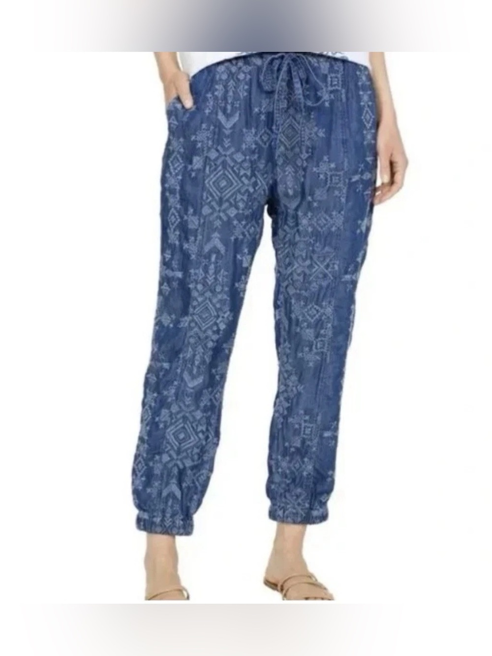 Johnny Was Pete & Greta Nina Embroidered Chambray Jogger Pants Blue Size M